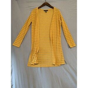 Ellen Tracy mustard yellow sheer striped open mid-length cardigan duster Women M
